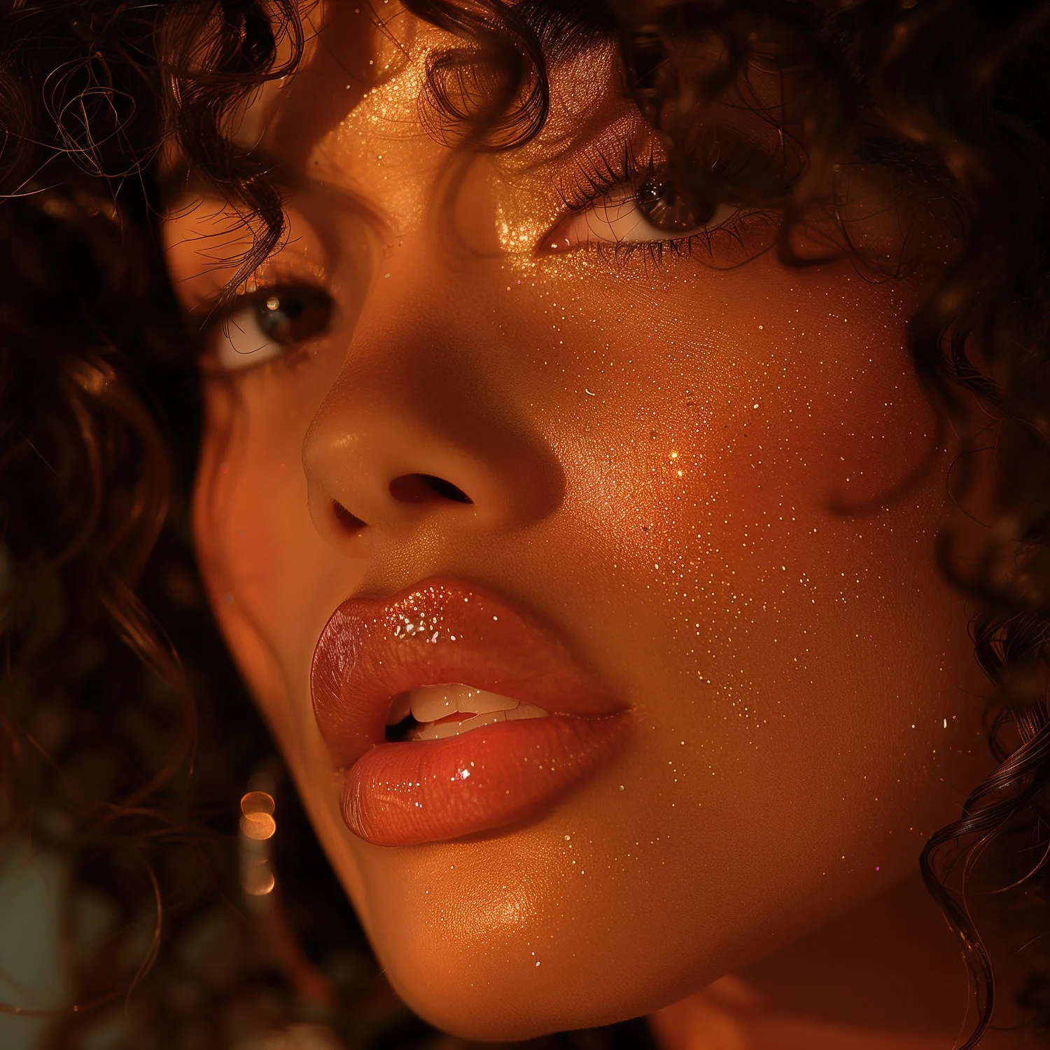 A warm amber-lit close-up of a face turned upward, skin catching fine glitter, dark curls falling into shadow.