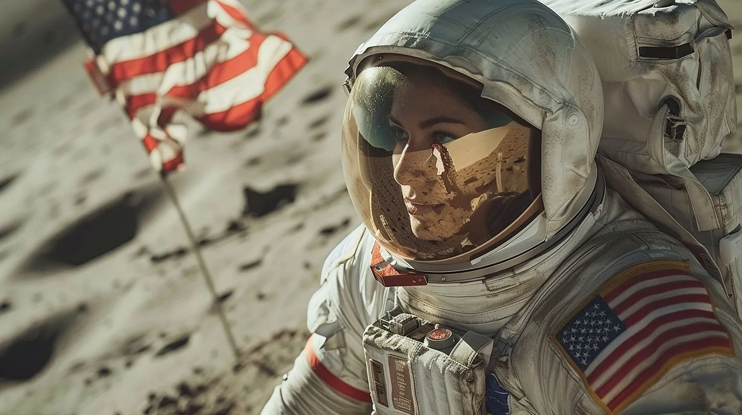 An astronaut in a white suit on the lunar surface, the United States flag out of focus behind, landscape mirrored in the gold visor.