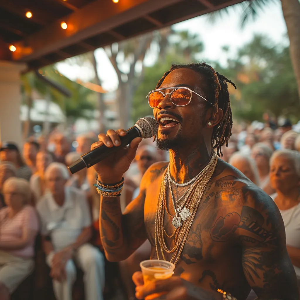 A performer singing into a handheld microphone at golden hour, an out-of-focus seated crowd and palm trees behind.