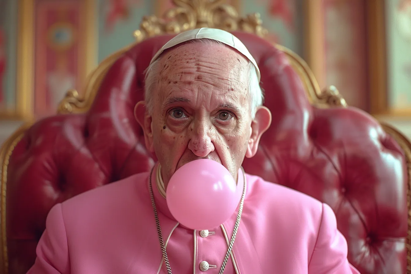 An elderly figure in pink formal ecclesiastical dress seated in a red leather throne, blowing a large pink bubblegum bubble.