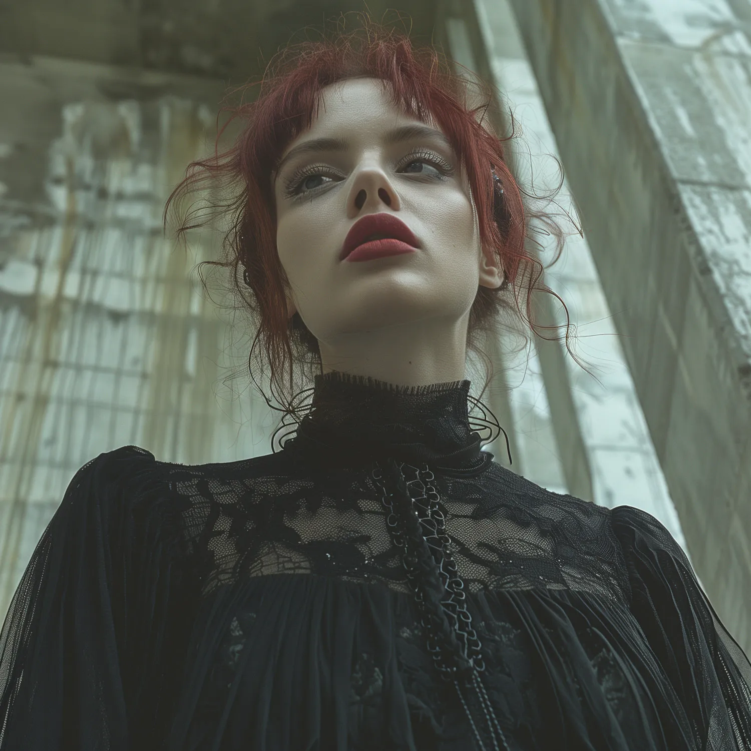 A low-angle portrait of a person with dark red hair in a high-necked black lace top, against weathered pale concrete.