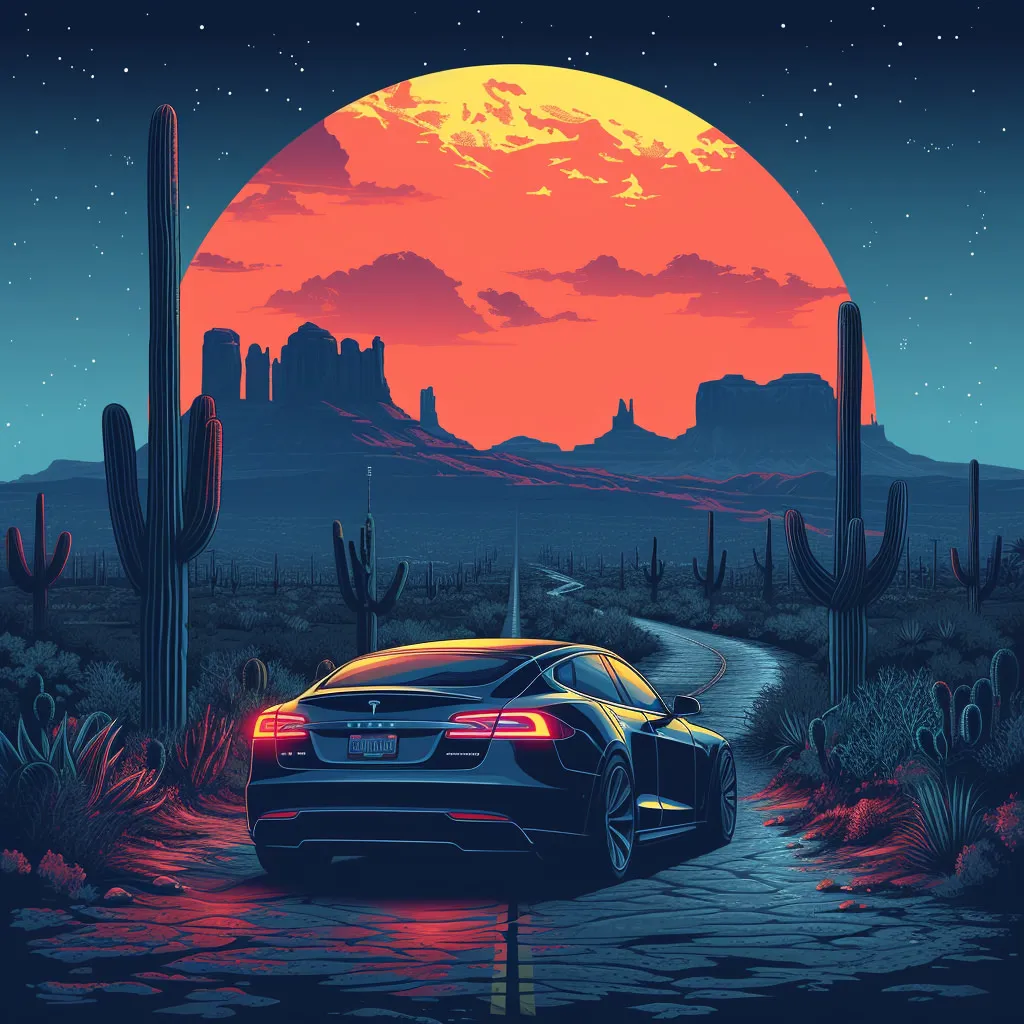 A flat-illustration desert at night: a car on a winding road, saguaro cacti in silhouette, a huge orange sun low behind mesas.