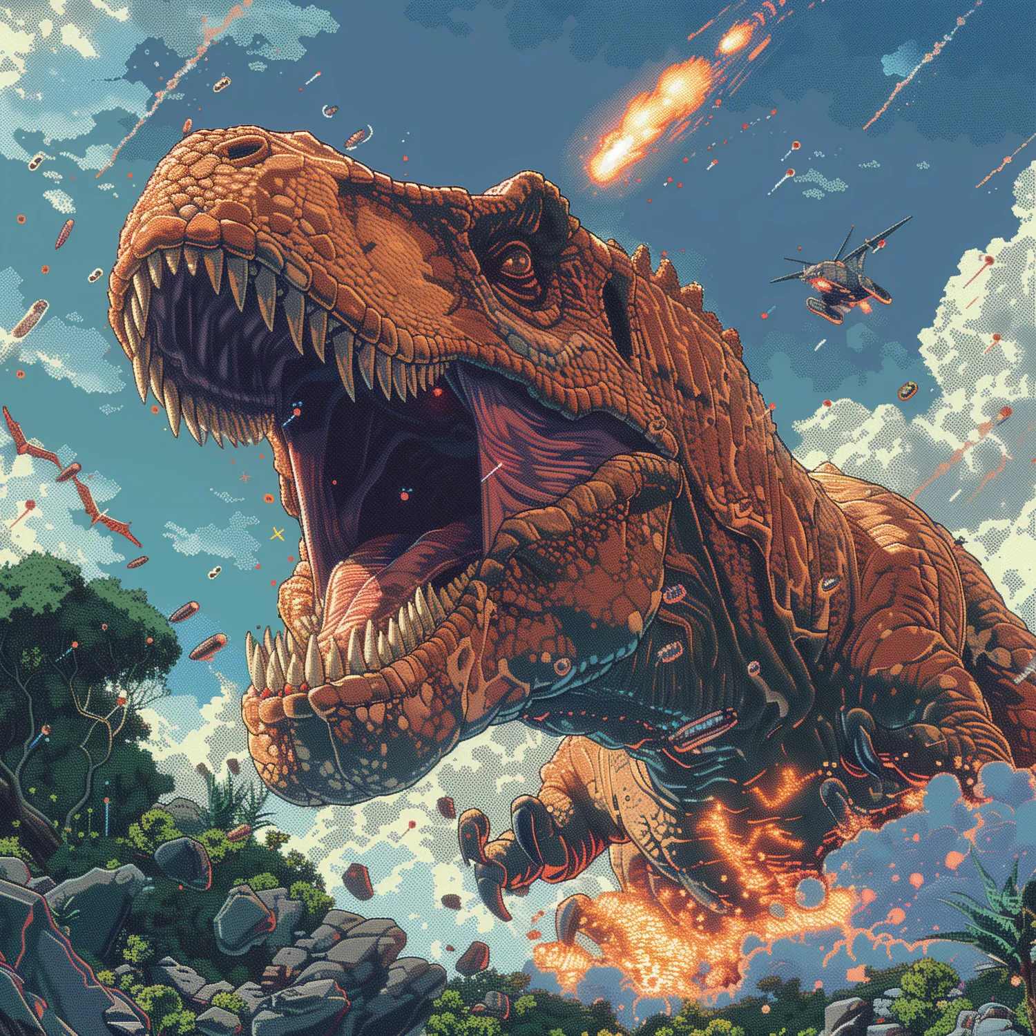 A roaring tyrannosaur illustrated in dithered halftone dots, bursting through trees with a meteor and jets in a blue sky.