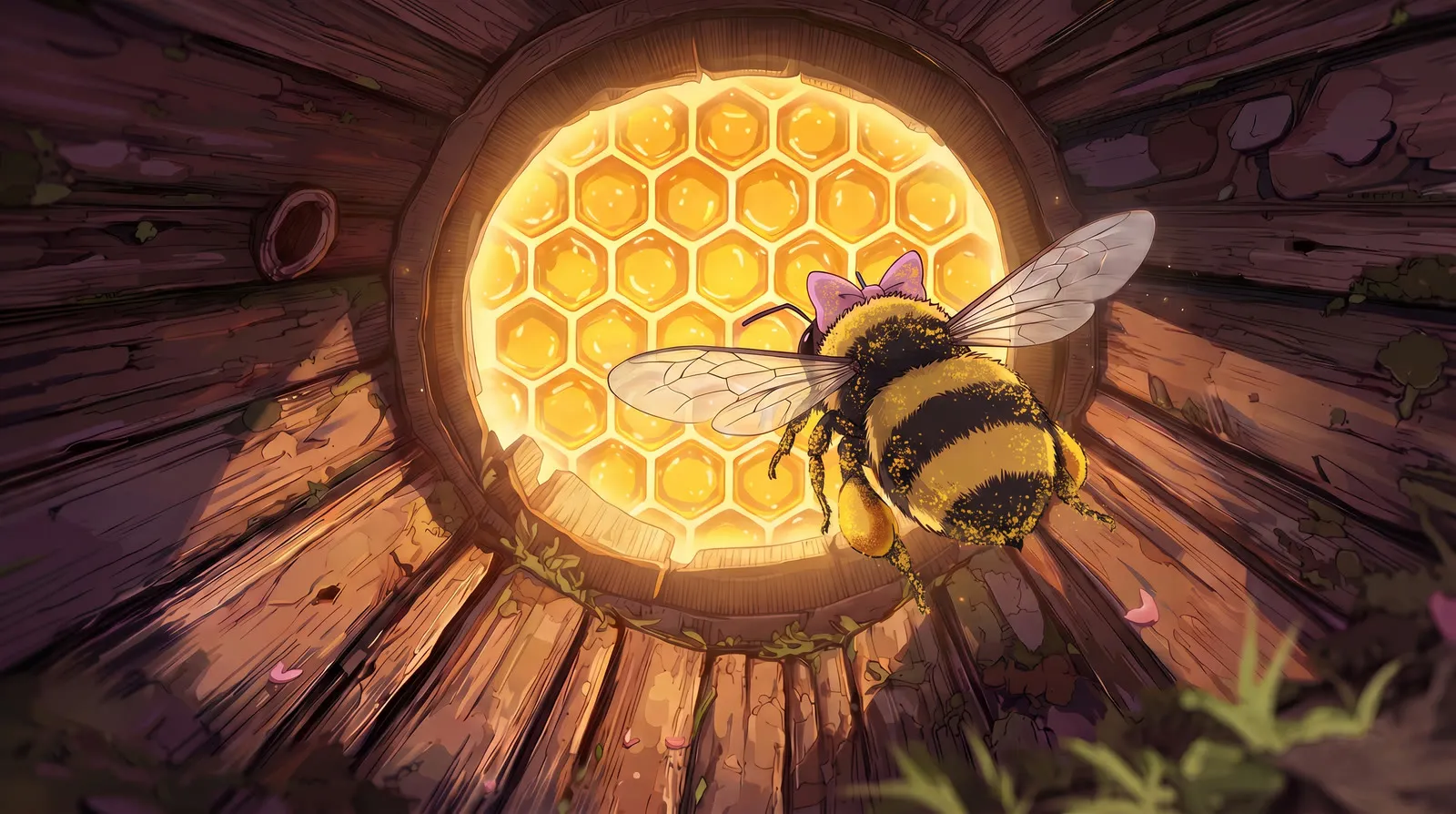 Keyframe 5, edited version: bee seen from behind as it reaches the hive, pollen added