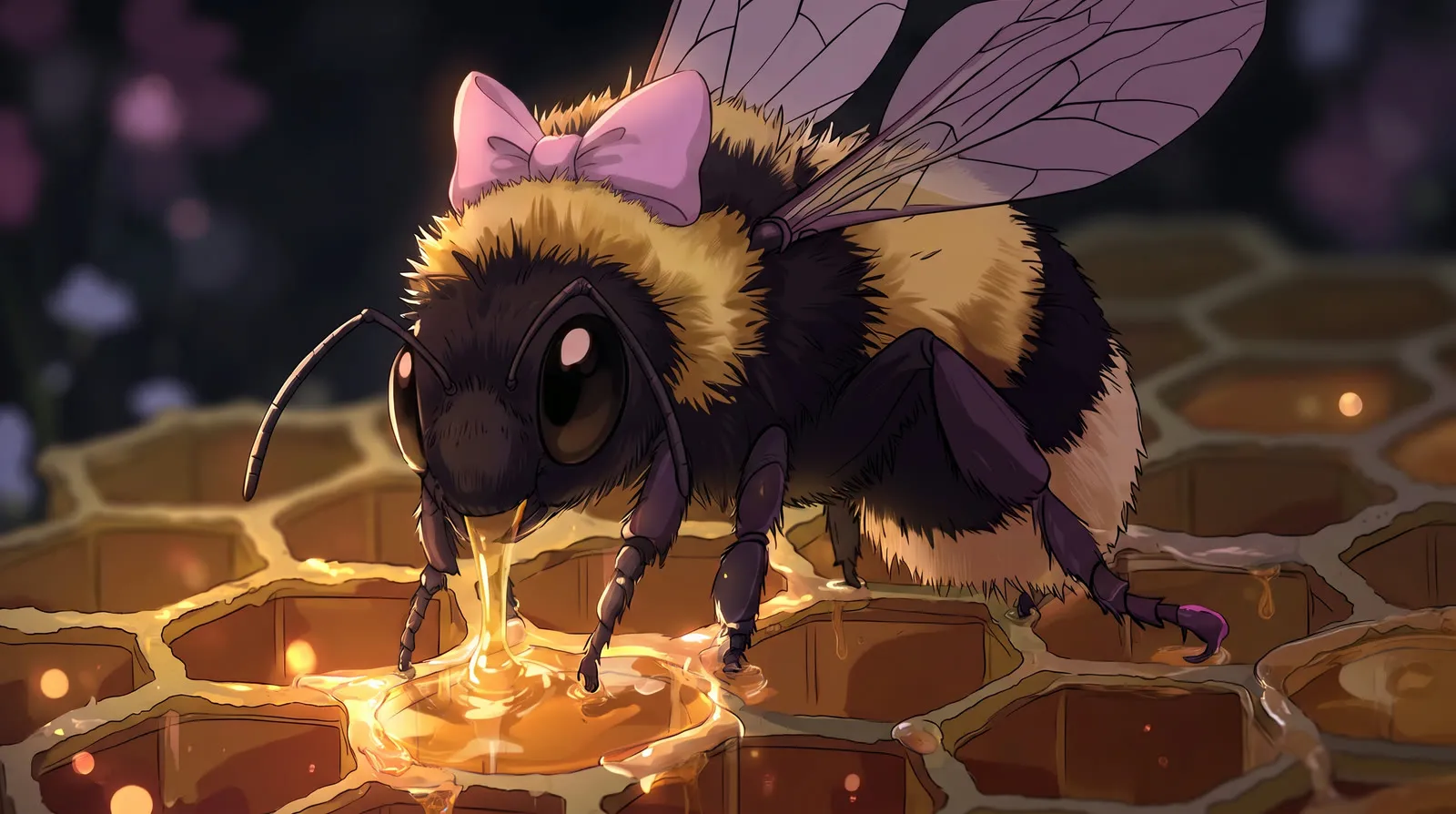Keyframe 7, edited version: bow added, pink nectar turned golden honey