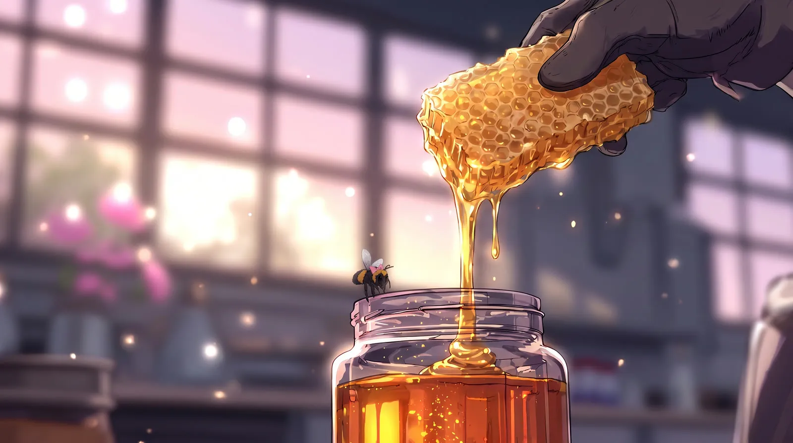 Keyframe 8, edited version: honey poured from a real honeycomb, bee made smaller