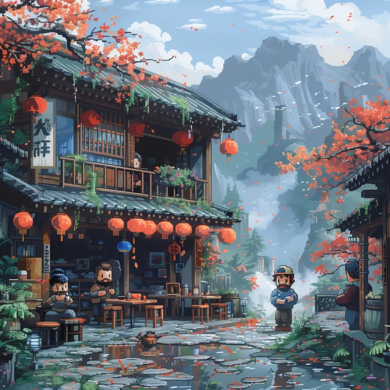 A pixel-art mountain village with red paper lanterns, blossoming trees and figures at wooden tables, mist and peaks behind.