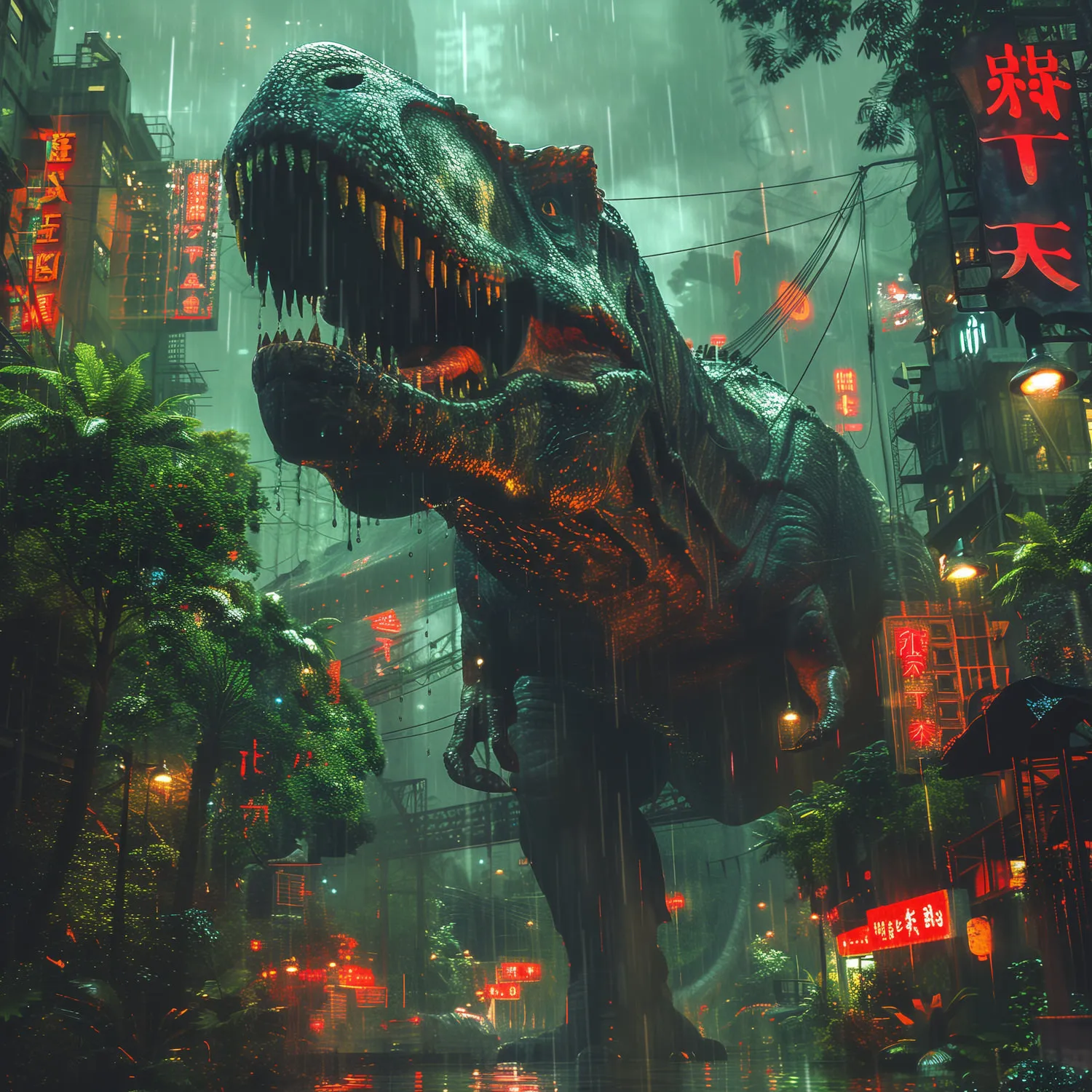 A huge dinosaur standing in a rain-soaked neon-lit street of a dense tropical city at night, red signs glowing through green haze.