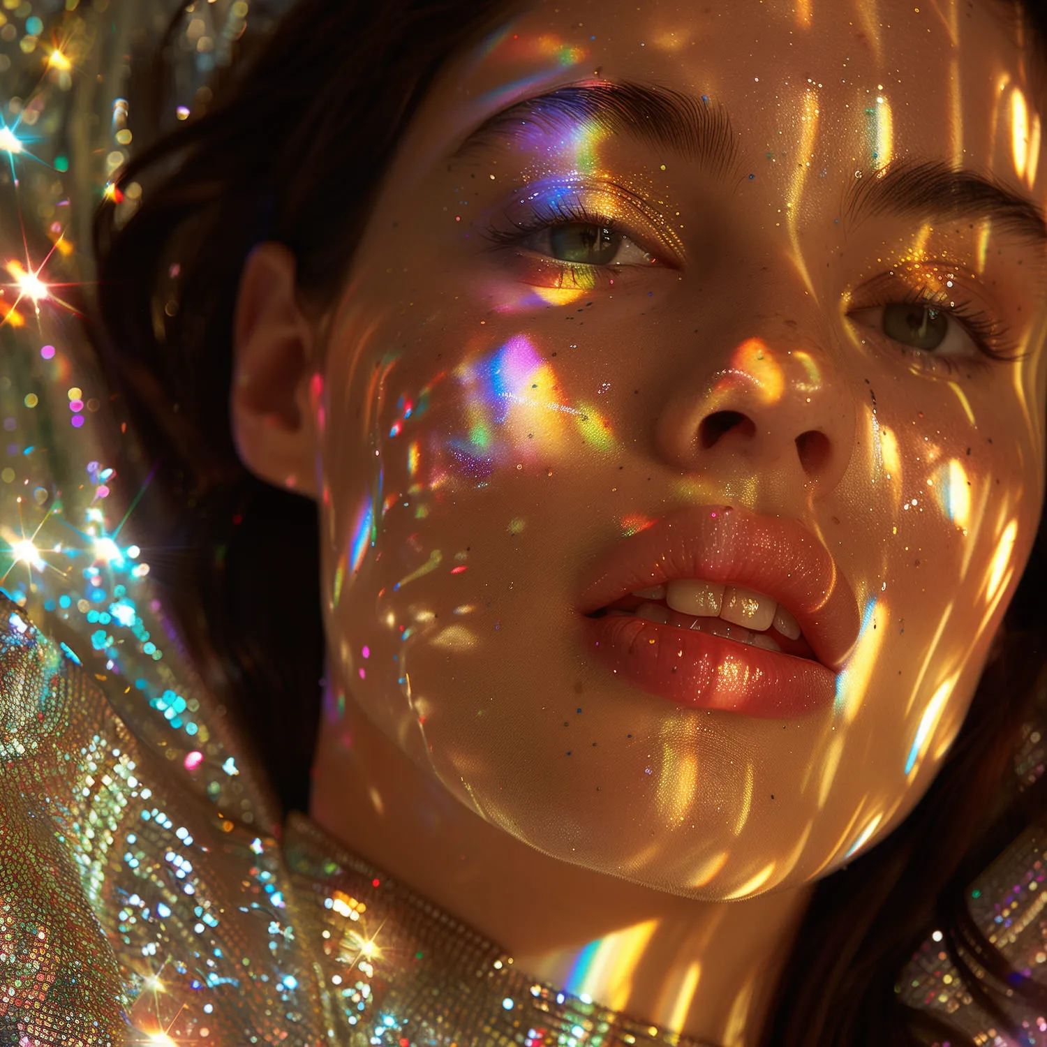 An extreme close-up of a face with rainbow prismatic light and glitter scattered across the skin, star-shaped highlights behind.