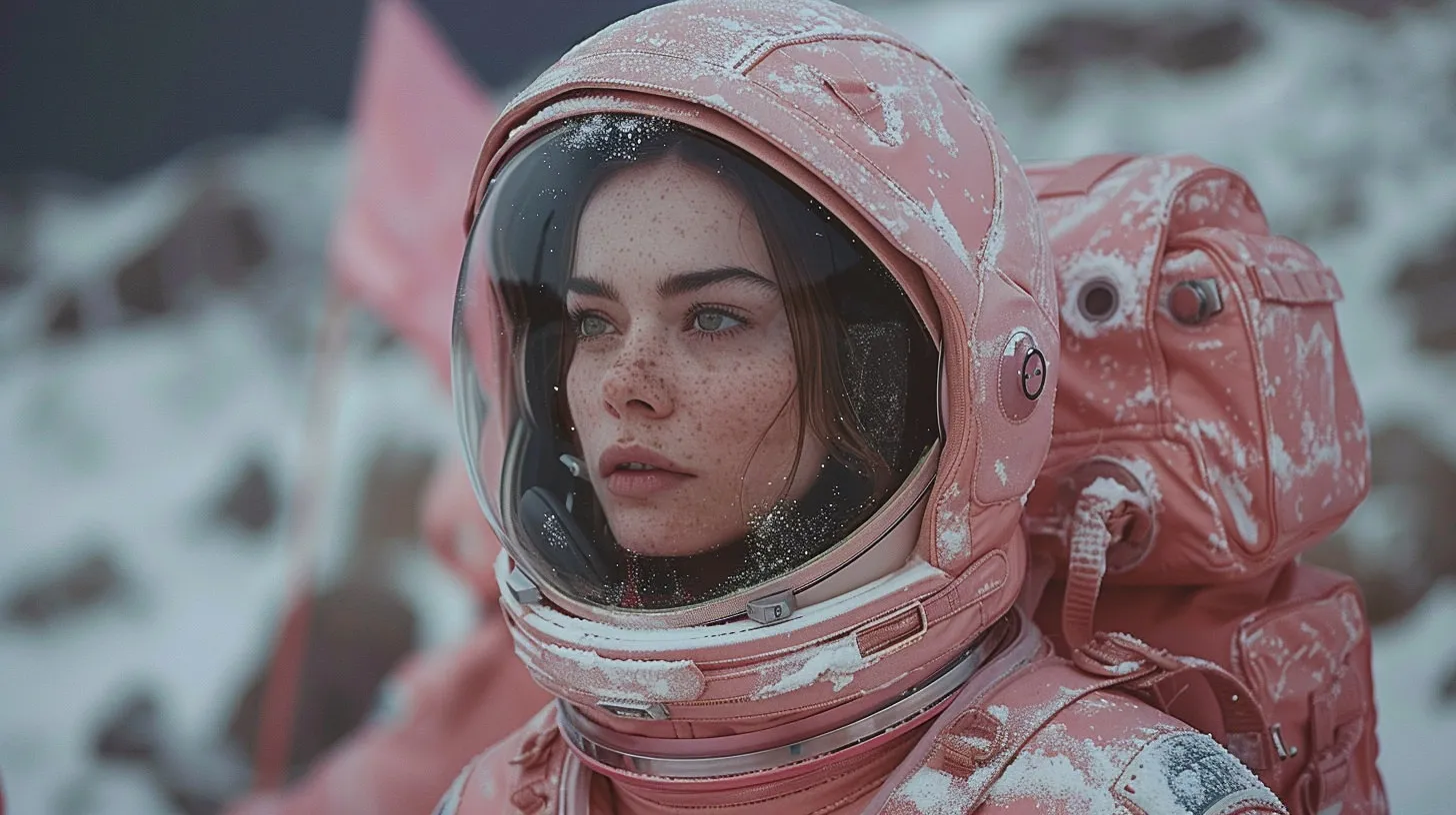 An astronaut in a dusty pink spacesuit on a snow-covered rocky slope, a pink flag behind them, under flat overcast light.