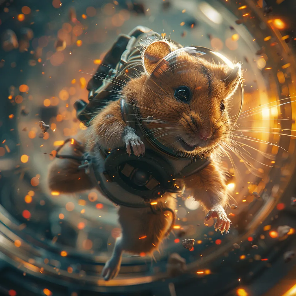 A hamster in a small space suit floating amid orange sparks and warm circular bokeh, whiskers catching the light.